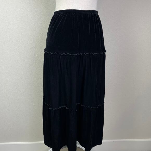 Vintage Black Velvet Notations Tiered Midi Skirt 1X